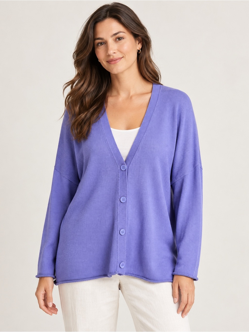 Eileen Fisher Purple Organic Cotton Tencel Oversized V Neck Cardigan